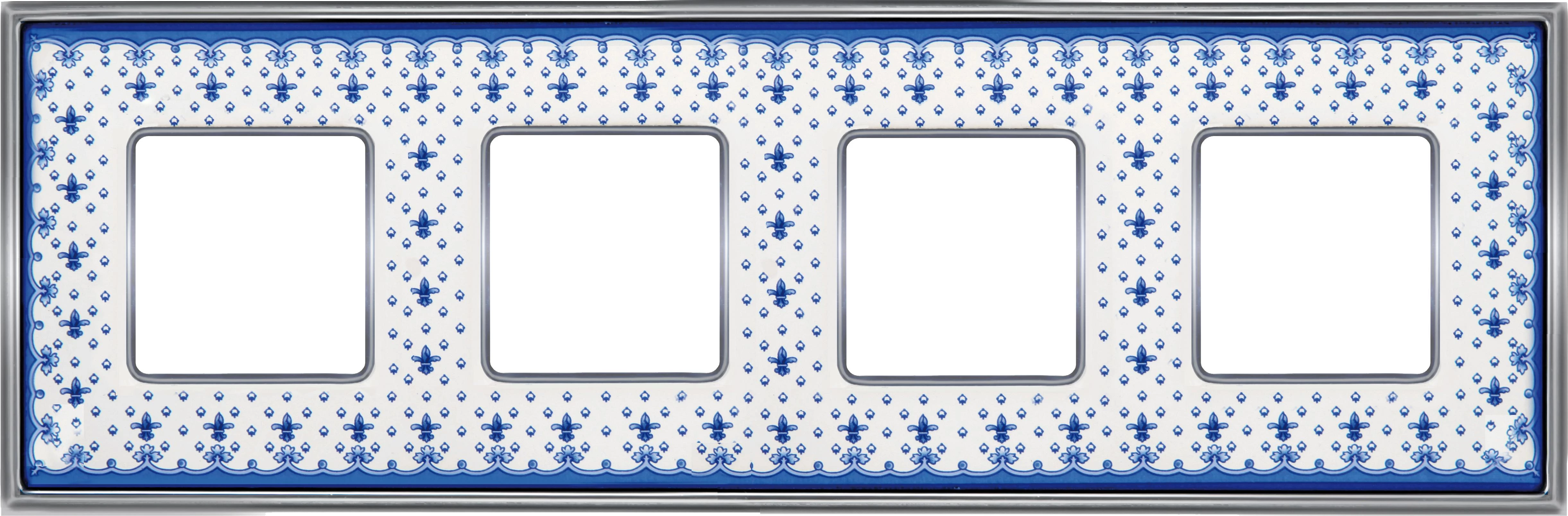  артикул FD01344AZCB название Рамка 4-ая (четверная), цвет Бело-синий фарфор/Светлый хром, VINTAGE PORCELAIN, Fede