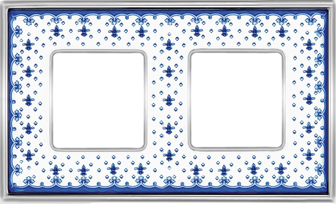  артикул FD01342AZCB название Рамка 2-ая (двойная), цвет Бело-синий фарфор/Светлый хром, VINTAGE PORCELAIN, Fede